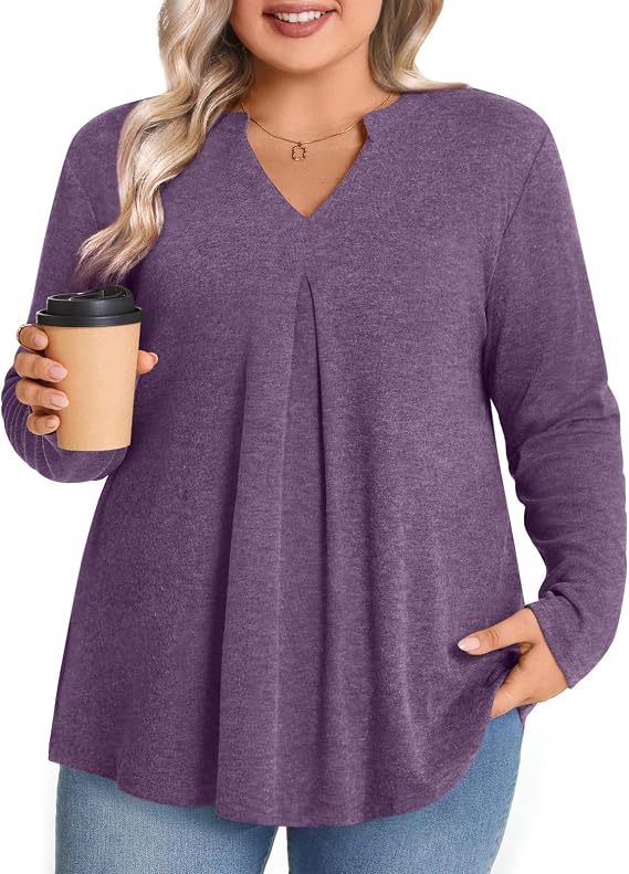 POPYOUNG Women Plus Size Henley Tops Winter Dressy Tunic Casual Long Sleeve T-Shirts