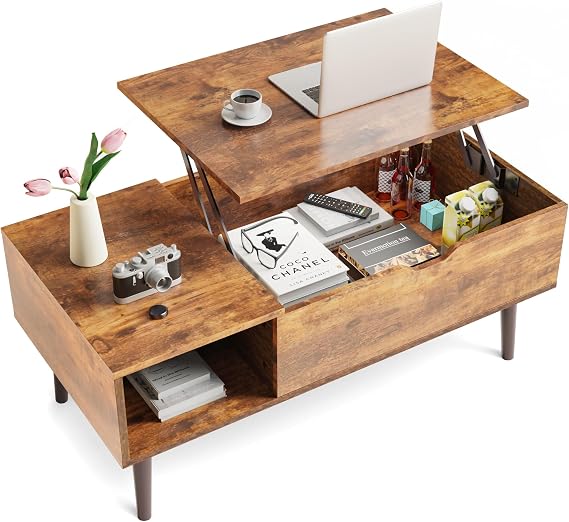 Multi-Function Lift Top Coffee Table, Wooden Lift Tabletop Dining Table for Living Room with Storage Shelf and Hidden Compartment, Natural