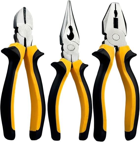 3-Piece 8" Pliers Set, Heavy-Duty Pliers Tool Set Includes Diagonal Cutting, Combination & Long Nose, Cr-V Steel Electrical Plier Set, for DIY Household Repair
