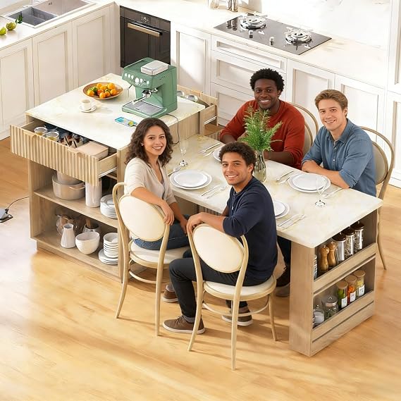 82.6" Fluted Rolling Kitchen Island with Extendable Dining Table for 2-6, Island Table with Power Outlets and Storage Cabinet, Kitchen Cart with Double-Side Storage and Drawers (82.6" Natural)