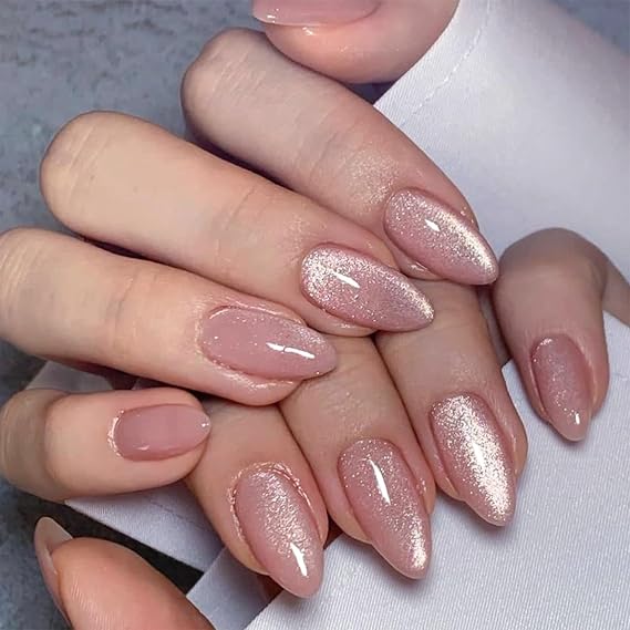 Almond Press on Nails Medium Fake Nails Pink False Nails with Designs Glitter Glossy Full Cover Acrylic Glue on Nails Artificial Stick on Nail Press ons for Women Cat Eye Manicure 24Pcs