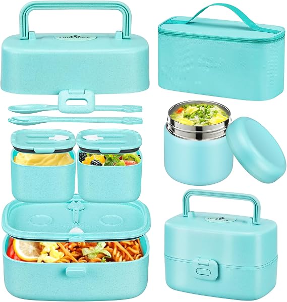 Bento Lunch Box for Kids with 8oz Soup Thermo,2 Leak-Proof Food Containers, a Lunch Bag, Kids Thermo Insulated Hot Food Jar for School, Travel-Green