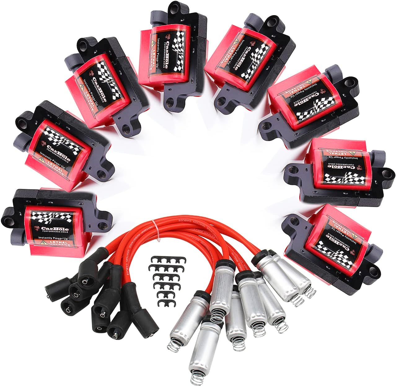 Ignition Coils and Wires Set Includes 8 Pieces D581,UF271 Coil Packs and 748GG 8 Pieces 8mm Spark Plug Wires Fits for CHEVY GMC CADILLAC 4.8L 5.3L 6.0L 8.1L - (SQUARE TYPE)