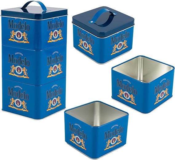 Modelo Food Container Large Rectangular All Metal Cookie Jar Stack Store And Carry Stackable Tin Box 3-Canister 7" H 29.8oz/881ml