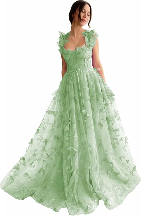 3D Butterfly Tulle Prom Dresses for Women 2025 Long Lace Applique Ball Gown Formal Evening Party Gown with Slit
