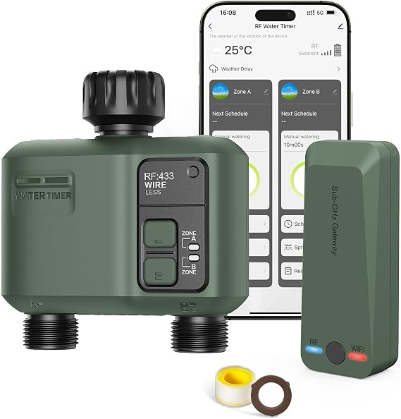 WiFi Water Timer 2 Zone for Garden Hose, Smart Sprinkler Timer with 984ft RF Range, Smart Lawn Watering System Irrigation Controller, APP/Voice Control, Rain Delay, Automatic/Manual Irrigation