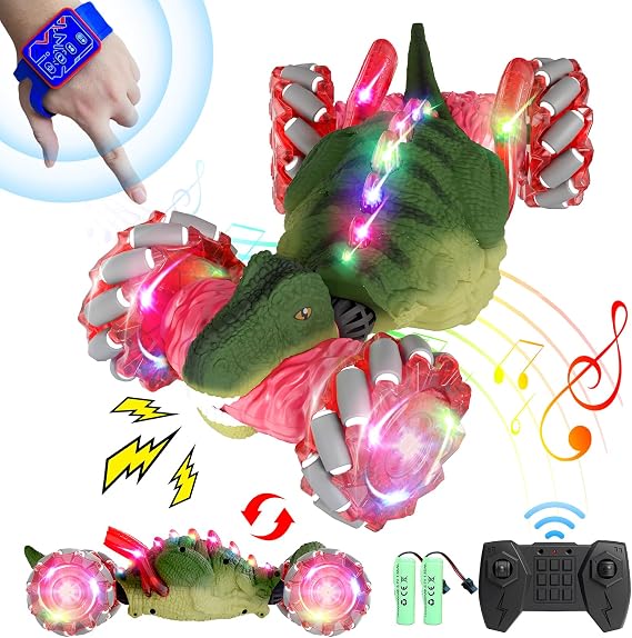 Dinosaur Remote Control Car, 2.4Ghz 4WD RC Cars with Dinosaur Sounds & Light Music, Gravity Gesture Sensing Remote Control Monster Truck Kids Toys, RC Stunt Twist Car Toys for Ages 4 5 6 7 8-13yr