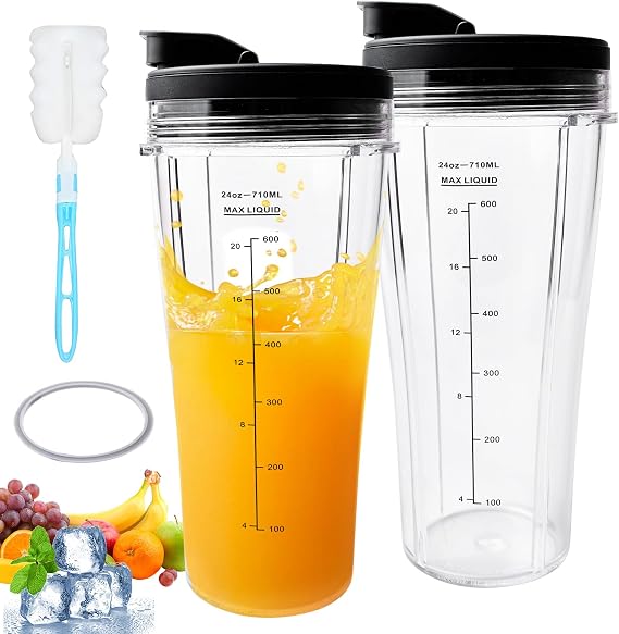 Mixer Replacement Parts for Ninja 2 Pieces Cup Replacement Parts for Ninja Replacement Parts for Mixer Ss100 Ss101 Ss300 Includes 2 Flip-Top Lids 1 Rubber Seal 1 Cup Brush (710 ml)
