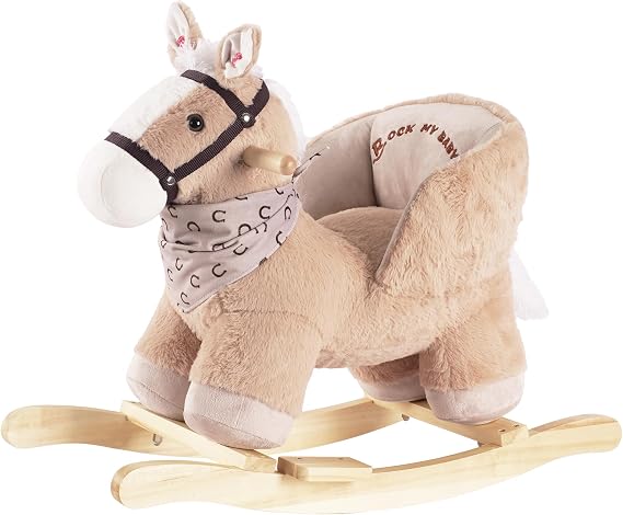 Rock My Baby Rocking Horse with Seat, Plush Ride-On Rocker with Realistic Sound, Wooden Rocking Horse for Toddlers Ages 1-3, Caramel Horse, CPC Certified