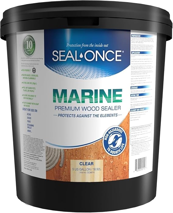SEAL-ONCE Marine Waterproof Wood Sealer and Stain, Clear, 5 Gallon | Premium Wood Sealer - Waterproof Sealant - Wood Stain and Sealer in One