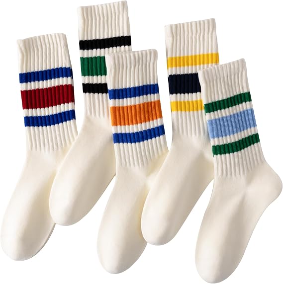 DarkCom Striped Crew Socks, Casual Comfort for Women and Men, 5 Pairs