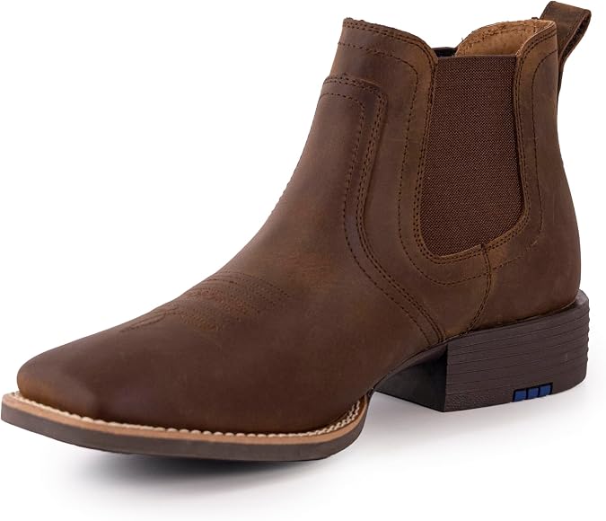 Palitutu Men's Western Chelsea Boots Embroidered Square Toe Full-Grain Leather Waterproof Pull-On Ankle Boots Casual Dress Hybrid