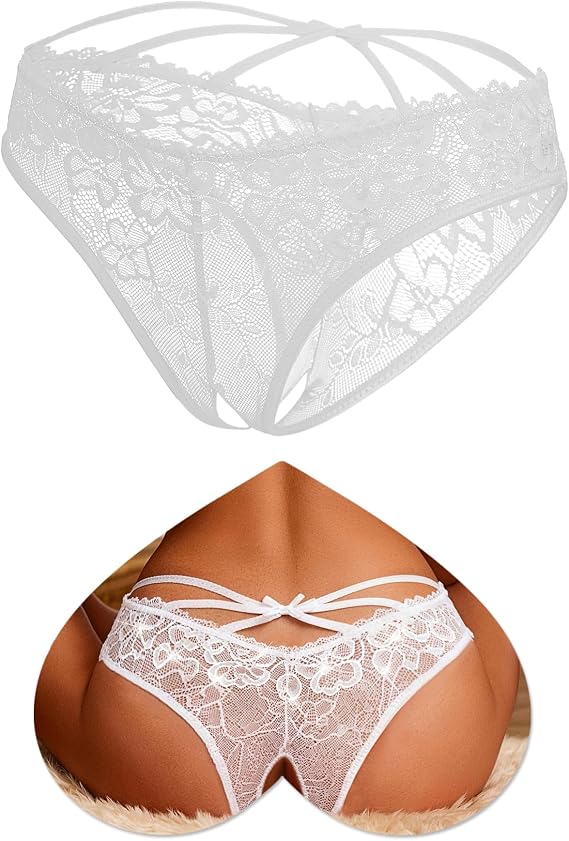 Women's Lace Cut Out Criss Cross Back Panties with Bow S-2XL