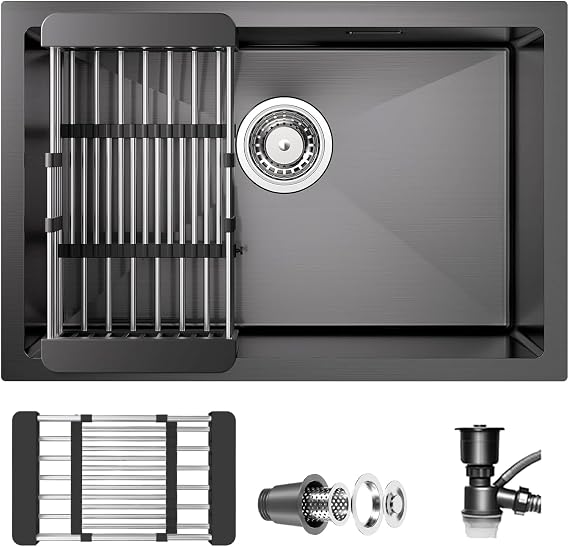Kitchen Sink Black Stainless Steel Undermount Small Single Bowl Kitchen Sink with Drainer Fittings Suitable for Kitchens, Bars and Utility Rooms(50x40cm)