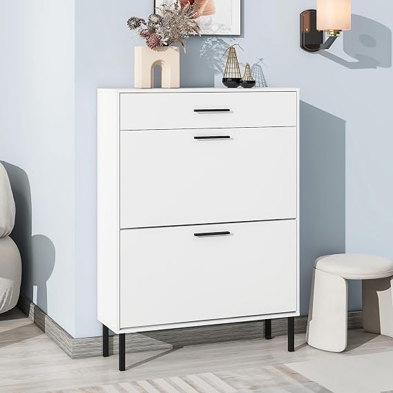 Freestanding Wooden Shoe Cabinet,Tall Sports Shoe Organizer with 2 Flip Doors&Metal Legs, Hidden Shoe Rack Storage Cabinet for Entryways, Hallways