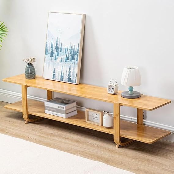 Bamboo TV Stand Coffee Table with Storage for TVs up to 65'', Entertainment Center with 2 Open Shelf Modern Media TV Console Table for Living Room, Bedroom, Office,160 * 30 * 33.5cm
