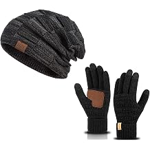 2 Pcs Winter Hat and Golves Set Include Knit Plush Lined Trapper Hat and Windproof Waterproof Ski Touchscreen Gloves