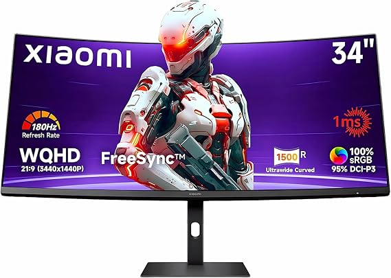 XIAOMI 34 inch Curved Gaming Monitor, 180HZ 1ms 1500R WQHD 2K 100% sRGB Desktop LCD Computer Screen PC Vertical HDMI Computer Monitors Ultrawide FreeSync Premium with DisplayPort Adjustable Stand