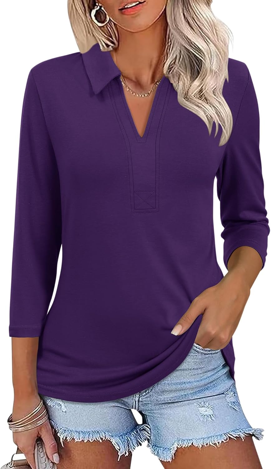 ZHENWEI Womens 34 Length Sleeve V-Neck Collared Tops Summer Business Casual Work Polo Shirts 2025