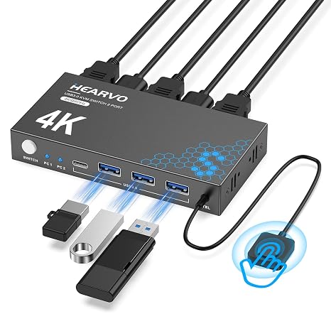 Hearvo USB 3.0 HDMI KVM Switch for 2 Computers 1 Monitor, 4K@60Hz, S7232H | Share Keyboard, Mouse, Hard Drives and Printer, EDID Adaptive, 2 USB Cables and Wired Desktop Controller,