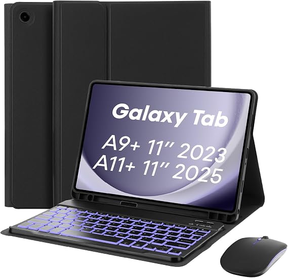 MAYPHY Backlit Keyboard Case with Mouse for Samsung Galaxy Tab A11 Plus, Tab A9 Plus 5G 11 Inch, 7-Color Detachable Keyboard Case for Samsung Galaxy Tab A11+ A9+, with S-Pen Holder, UK Layout, Black