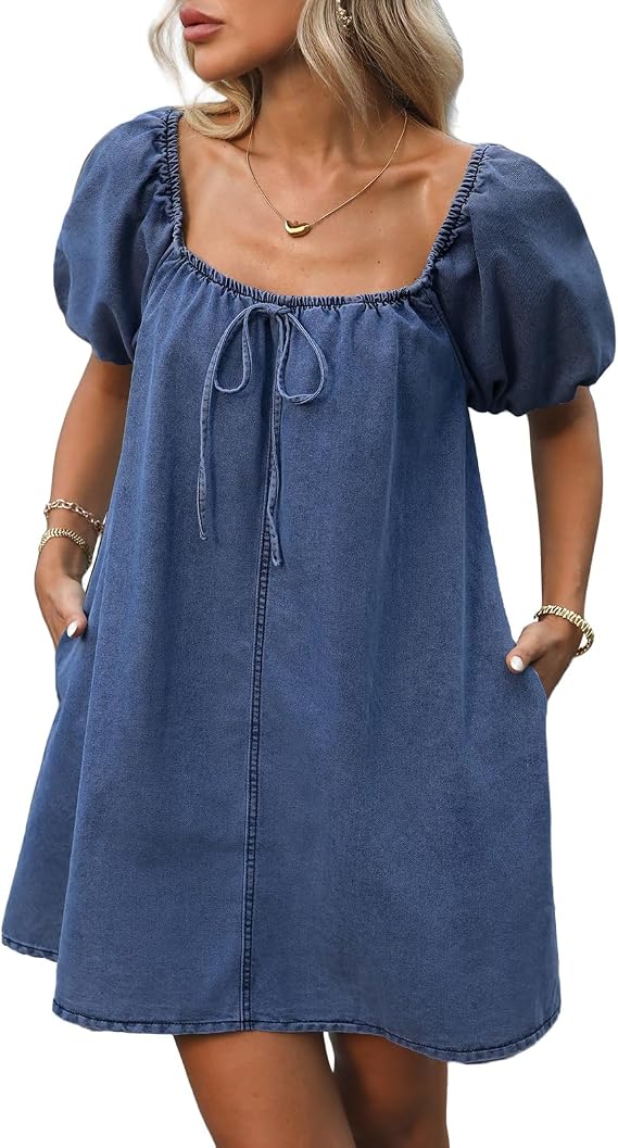 Women's Denim Mini Dress Puff Short Sleeve Square Neck Loose Jean Dresses with Pockets