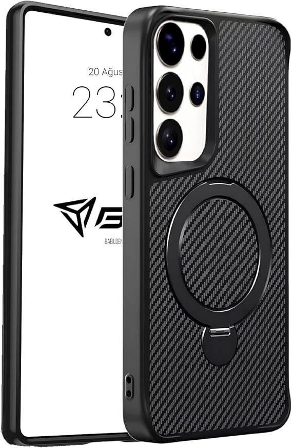 Babilden Samsung Galaxy S25 Ultra İle Uyumlu Kılıf Karbon Fiber Materyal Stand Özellikli Lens Çerçeveli Ve Sararmayan Güçlü Darbe Emici Premium Telefon Kılıfı (Siyah)
