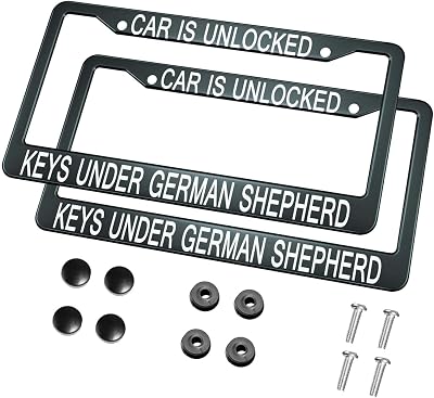 HOSNYE Car is Unlocked Keys Under German Shepherd License Plate Frame Black 2 Pcs Dog Pet Clever Metal Cute Licenses Plate Frames Licenses Plate Covers Car Tag Frame Women Men US Vehicles 12 x 6 Inch