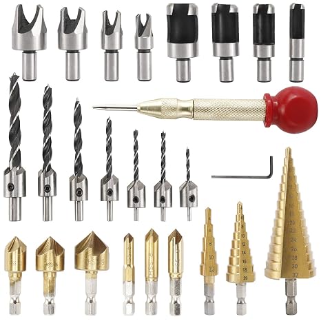 HighFree 26 Pieces Woodworking Chamfer Drilling Tools Including 5 Flute Countersink Drill Bits 3-Pointed Countersink Drill Bits Wood Plug Cutter Step Drill Bits and Automatic Center Punch