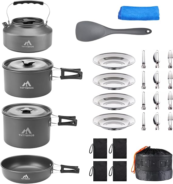 THTYBROS 27pcs Camping Cooking Set for 2-4 People, Portable Cookware Set with Kettle, Pots & Pans, Stainless Steel Utensils, Plates, Dishware for Backpacking, Picnic, Outdoor Adventures