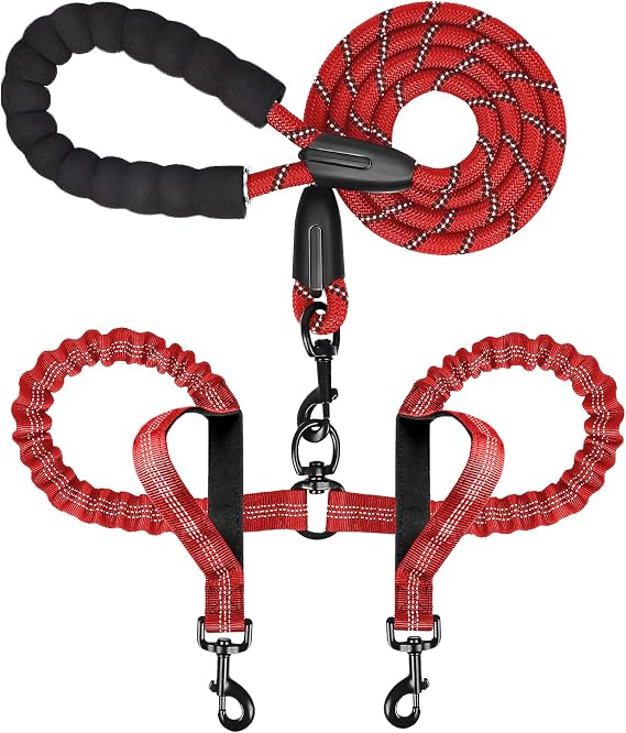 Double Dog Leash for Two Dogs, Heavy Duty Adjustable No Tangle, Bungee Retractable Split Multiple Leash for Walking 2 Dogs, 5.5FT-1/2, Red