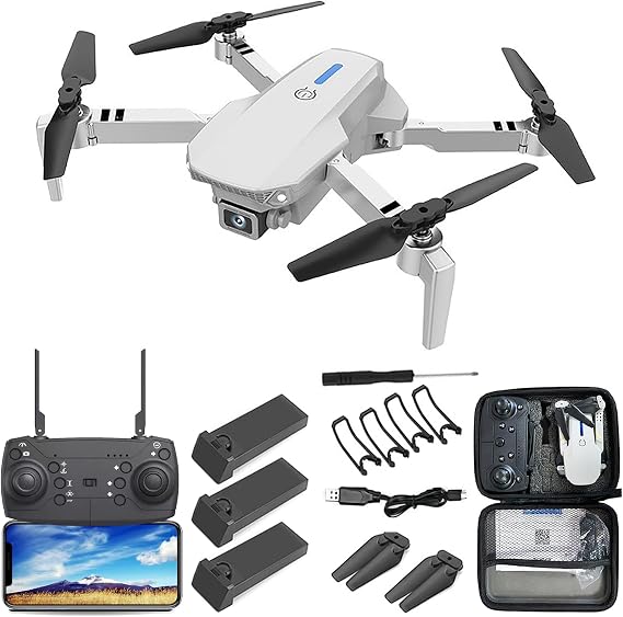 New E88 Drone with Camera Less than 100g No Request 720P HD Dual Camera Beginner Mini Drone Mini Foldable Kids Toy Drone with Storage Case 3 Batteries 30 Minutes Flight Time WI-FI FPV Real Time Aerial Photography 90°Manual Adjustable Optical Flow Altitude Hold Headless Mode Trajectory Flight Mode 360°Flip 2.4GHz 4 CH Domestic Certified Gray
