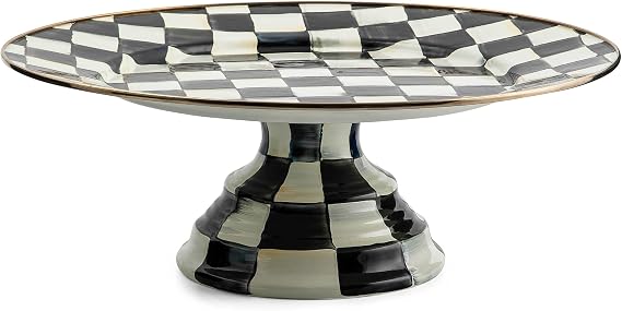 MACKENZIE-CHILDS Pedestal Platter, Large, Black-and-White Courtly Check | Hand-painted design, made from enameled steel, stackable round cake stand for serving desserts, 16" dia. x 5.75" H