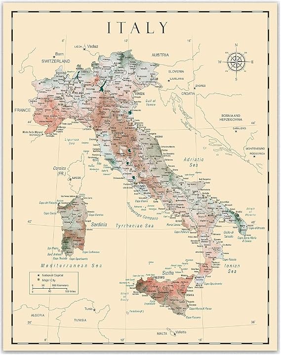 Wallbuddy Italy Detailed Map Wall Art - Vintage Map of Italy (8x10)