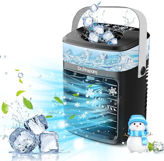 Mini Air Conditioner Portable, Dr. Prepare Personal Air Conditioner With 7 Color Night Light, 3 Speeds Small Evaporative Air Cooler Fan and Humidifier For Room, Car, Desk, Office, Tent, 2/4H Timer