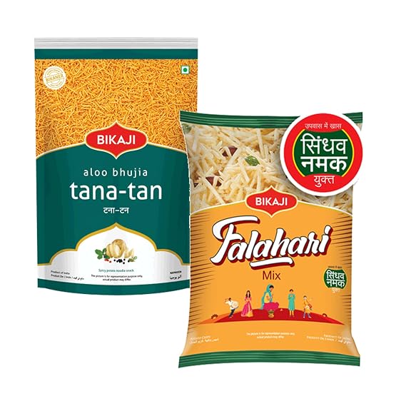 Bikaji Tana-Tan Aloo Bhujia 400g & Falhari Mix 200g Combo | Authentic Indian Namkeen Snacks | Crunchy Tea-Time Snack, Bar Snack & Party Mix | Savory & Spicy Munchies for Sharing & Everyday Snacking