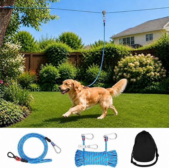 50FT Heavy Duty Dog Tie Out Cable with 10FT Leash Blue