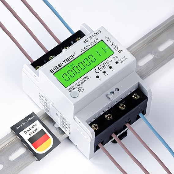 Electricity Meter [FLDS100-DR] for DIN Rail with Day Counter (Resettable) and Load Display Three-Current Meter 100A 3.9TE S0 Digitally LCD Illuminated (Green - M26)