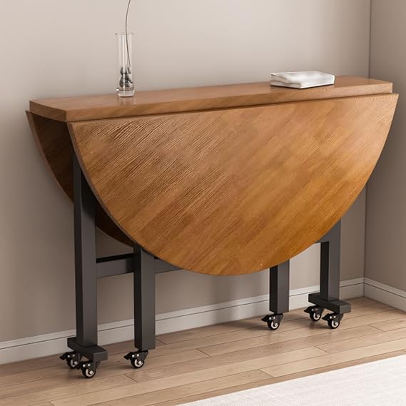 Home use Folding Dining Table, Extendable Drop Leaf kitchen table，Round Portability folding kitchen tables with 6 Wheels,Multifunction Space Saving Tables for Dining Room(Brown,100cm)