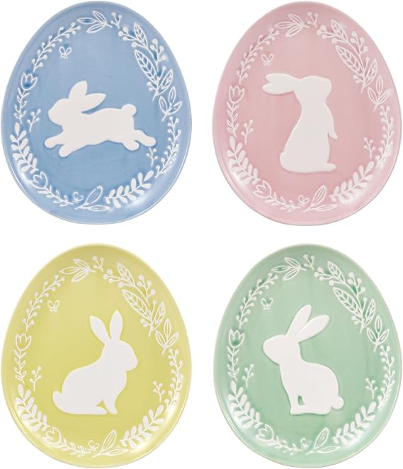 Bico Pastel Color Bunny Stoneware Salad Plates Set, Microwave & Dishwasher Safe, for Easter, Spring