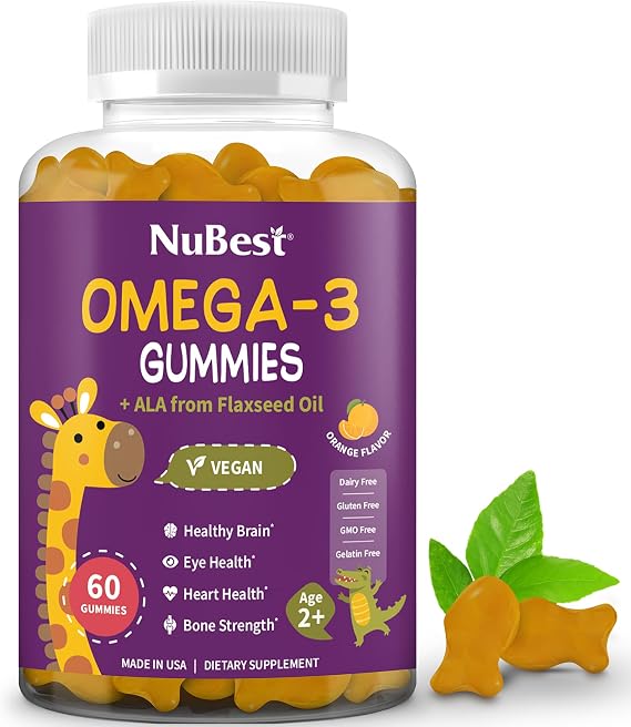 NuBest Omega 3 Gummies for Kids & Teens, Vegan Flaxseed Oil, 60 Count