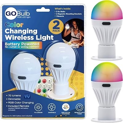 Spark Innovators Go Bulb Wireless Color Changing LED Light Bulbs with Remote Control, Battery Powered, Dimmable, Cordless, E26 Adapter, Shatterproof, Multi-Color Bulb for Home & Decor, 2 Pack