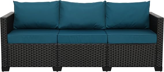 Rattan Star Outdoor Furniture Couch 3 Seater Sofa Outdoor Wicker Sofa Deep Seat High Backrest Patio Couch with Non-Slip Cushions Waterproof Cover, Peacock Blue