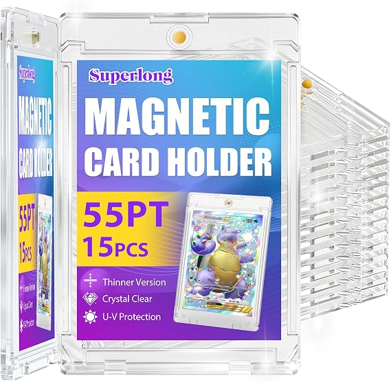 15 Packs 55pt Magnetic Card Holders for Trading Cards Display | 0.2" Slim Profile, U-V Protection, Hard Plastic, Magnet Case for TCG Sports Game Baseball Football Cards Collection Storage