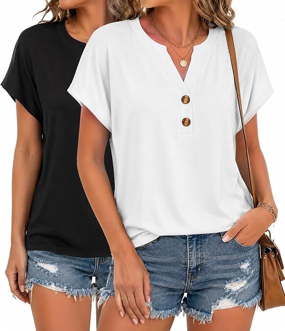 2 Pack Womens T Shirts V Neck Short Sleeve Henley Tops