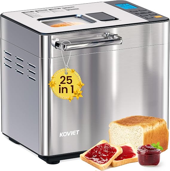 KOVIET 25in1 Bread Maker Machine, 2LB, Automatic Dual Dispenser, Silver | 3 Crust Colors, 1-hr Keep Warm, 13-hr delay timer, with Gluten-Free, Dough, Jam, Yogurt etc Settings, Stainless Steel