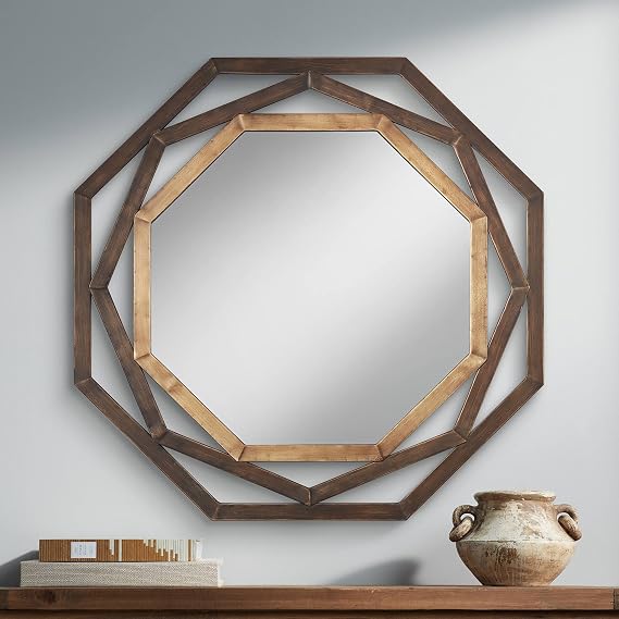 Uttermost Octagonal Vanity Decorative Wall Mirror Farmhouse Rustic Vintage Golden Bronze Iron Openwork Geometric Frame 32" Wide for Bathroom Bedroom Living Room Home House Office Entryway