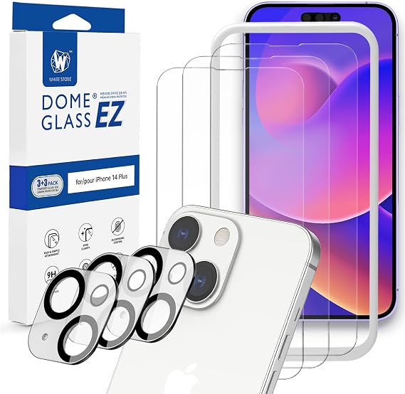 [Whitestone EZ] Glass 3pck + Cam 3pck - Apple iPhone 14 Plus Screen Protector Full Tempered EZ Glass Shield [Easy Install]- JIG type - Three Pack (iPhone 14 Plus (6.7"))