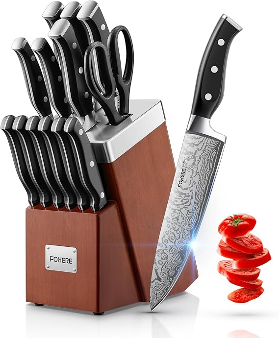 FOHERE Knife Block Self-Sharpening Knife Block Set 14-Piece Stainless Steel Knife Set with Block Professional Kitchen Knife Set with Ergonomic Handle Red Brown
