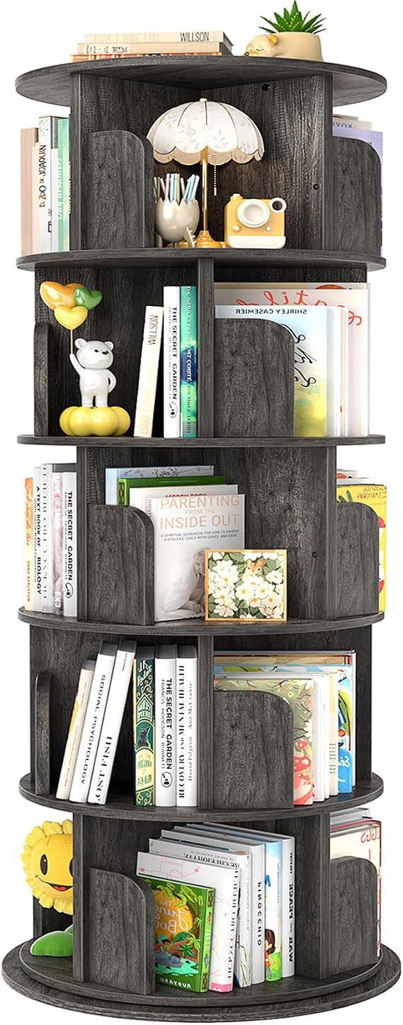 Aheaplus Rotating Bookshelf, 5 Tier Wood Spinning Bookshelf Tower,Black Oak